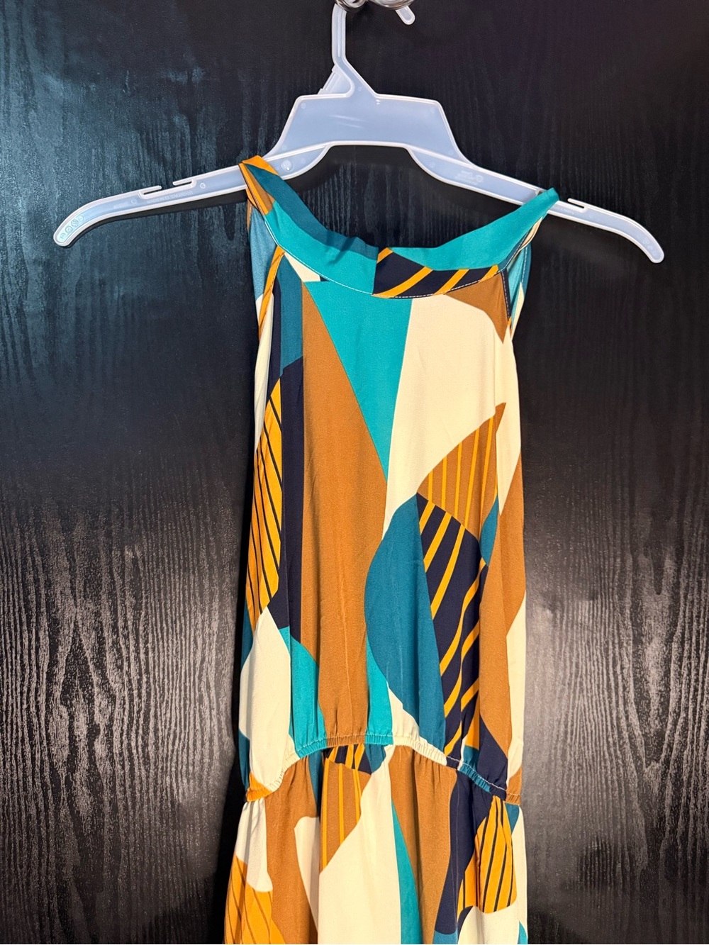 Halter Geometric Tiered Maxi Dress in Teal, Mustard & Brown